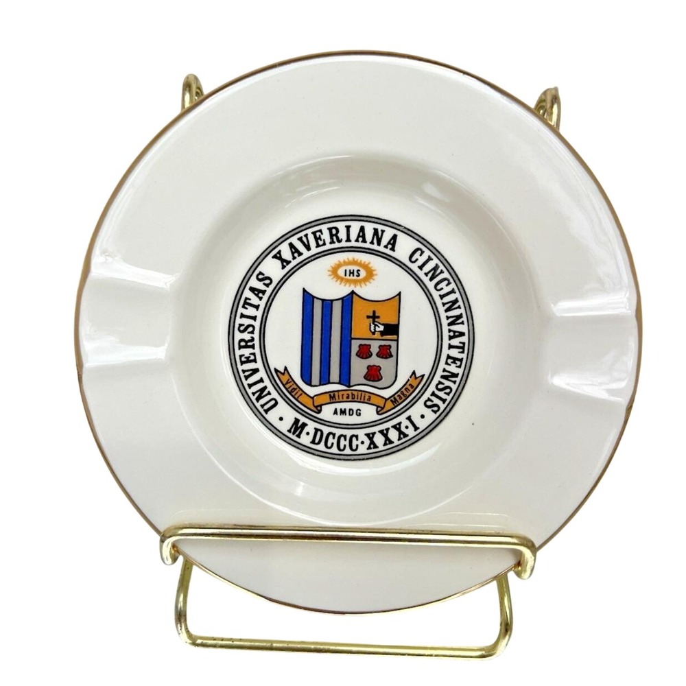 Ashtray Xavier University Cincinnati Porcelain Gold Trim Jesuit Crest Vintage